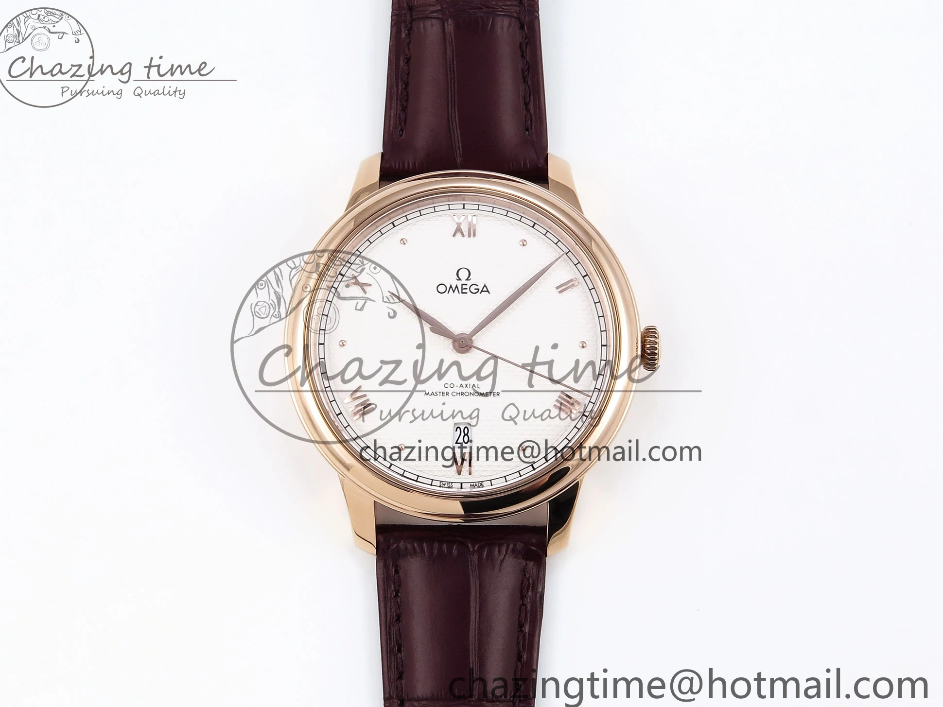 0203 Modern De Ville Date RG MKF 1:1 Best Edition White Textured Dial Roman Marker on Brown Leather Strap A 7752